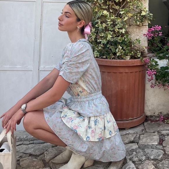 LoveShackFancy Dresses & Skirts - LoveShackFancy Pastel Floral Tiered Mini Dress in Light Blue and Cream